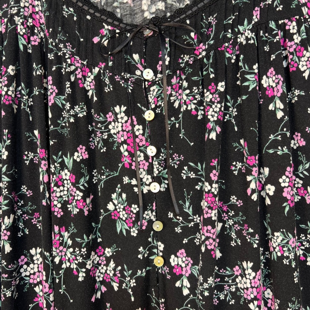 Eileen West Black Floral Nightgown Daydress 2X Short Sleeve Lace Trim Cotton - Picture 4 of 9